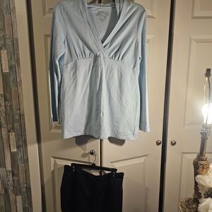 Danskin Light Blue V‑Neck Hooded Long Sleeve Top/shorts Set